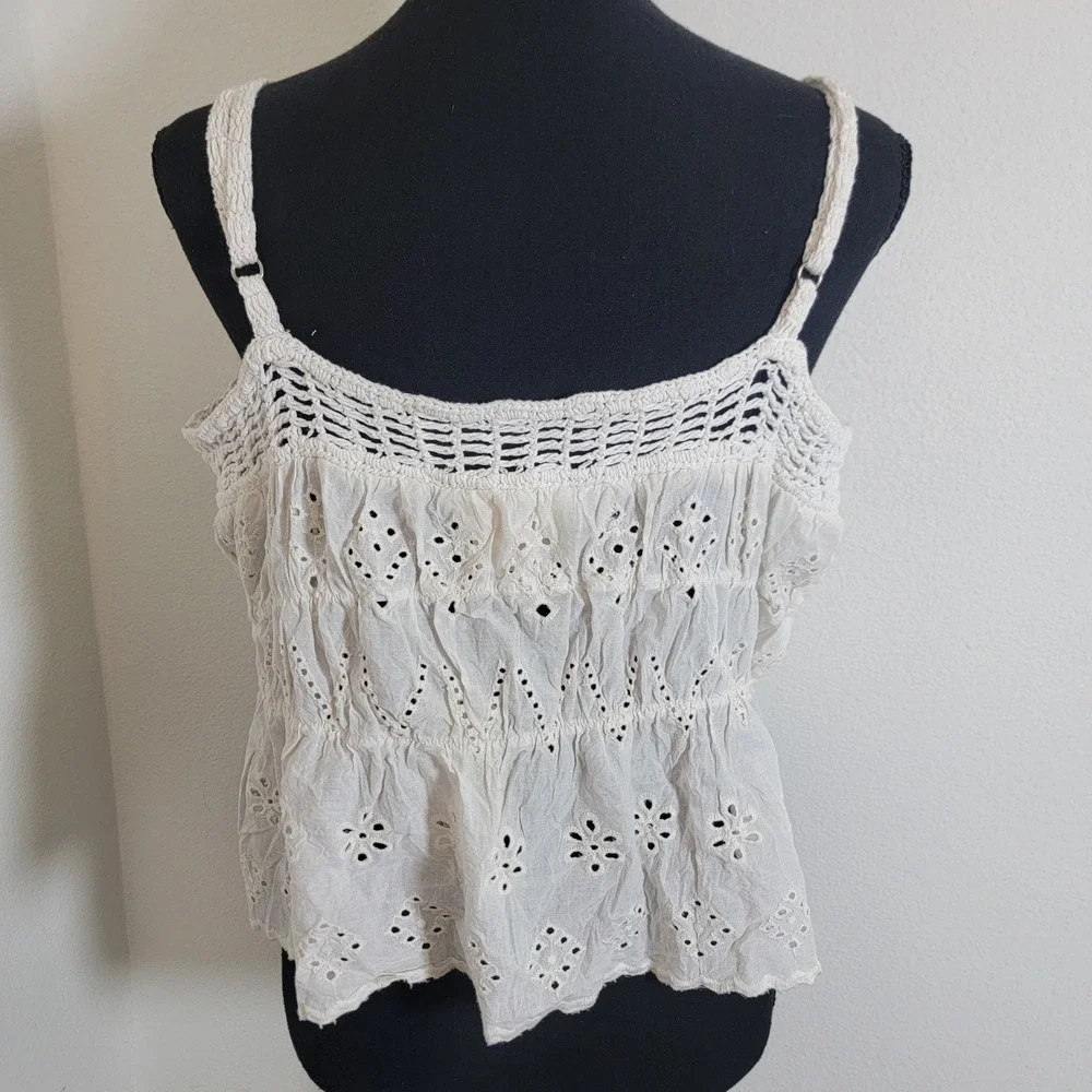 American Flirt White Cotton Eyelet Crochet Boho Camisole Top Large NWT Festival